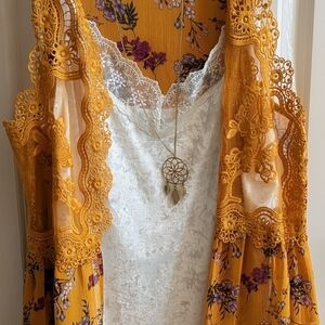 No Boundaries Mustard Floral Lace Duster with White Lace Cami